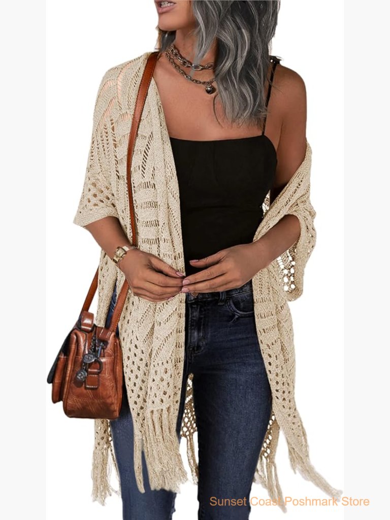 Open Front Crochet Cardigan Lightweight Tassel Sweater